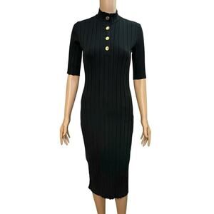 Zara Ribbed Knit Midi Dress Medium Bodycon Mock Neck Half Sleeve Preppy Classic